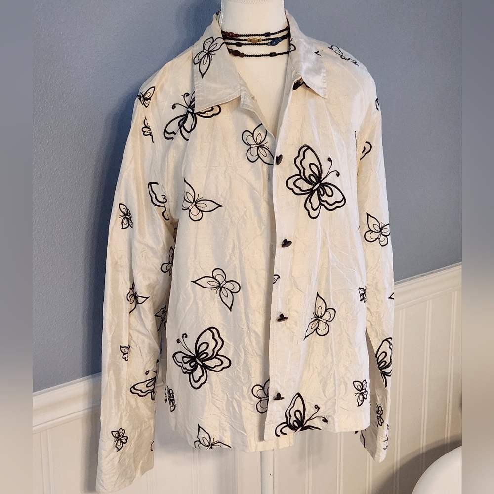 Cream Raw Silk Blazer / Shirt With Butterflies Embroidery
